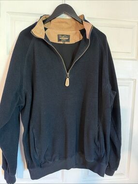 Straight Down Men's Navy Quarter-Zip Pullover with Tan Trim